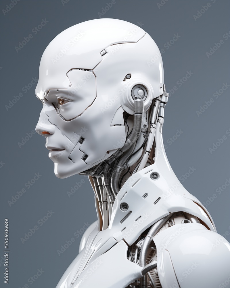 robot with male human face on white background