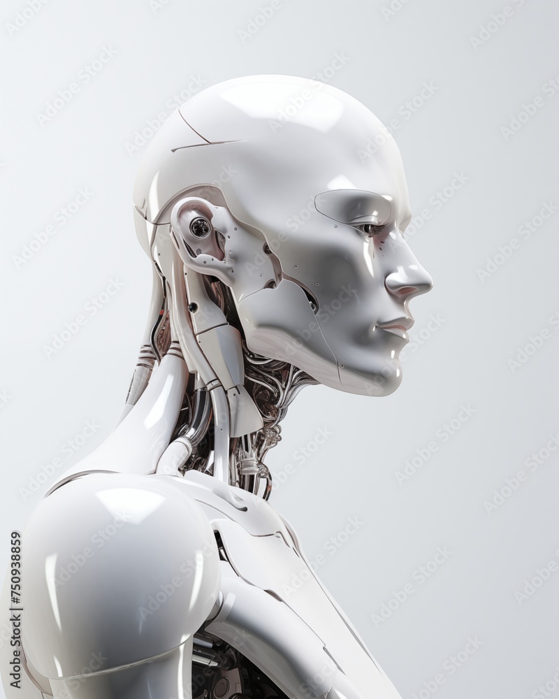robot with human face on white background
