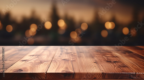 empty wooden table, abstract blurred background, bokeh lights, for mounting your product, for display product photo