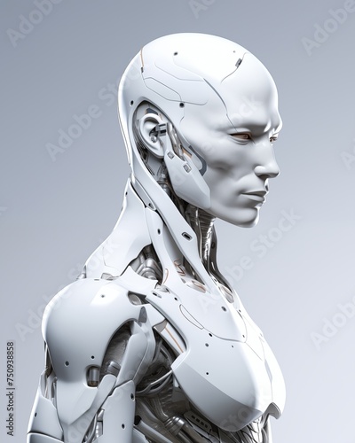 robot with human face on white background