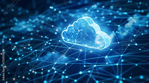 The image depicts cloud and edge computing with cybersecurity. It shows a large cloud icon above a central white cloud against a polygon connection code backdrop on a dark blue background photo