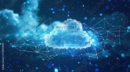 The image depicts cloud and edge computing with cybersecurity. It shows a large cloud icon above a central white cloud against a polygon connection code backdrop on a dark blue background