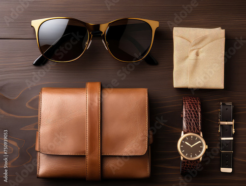 overhead view of men's accessories arranged on a rustic wooden background, symbolizing the concept of Father's Day. The accessories may include items like a stylish watch, a leather wallet, 