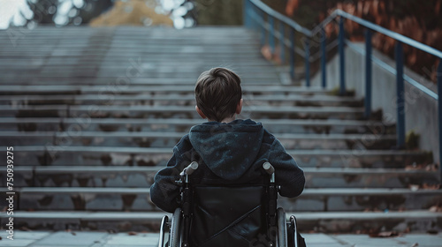 disabled boy in a wheelchair in front of a set of stairs photo