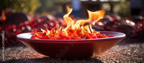 A close-up view of a fiery red flame burning brightly in an outdoor ceremonial bowl placed on the ground.