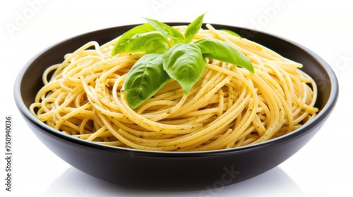 a close up of a bowl of spaghetti with basil on the top of the noodles and a sprig of basil on top of the noodles.