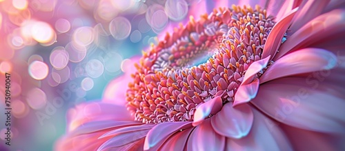 A detailed close-up of a vibrant pink Gerbera Jamesonii flower with intricate details on its petals, against a softly blurred background. photo