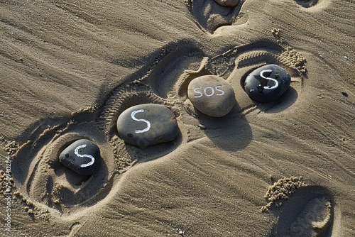 SOS Written in Stones on Sand photo