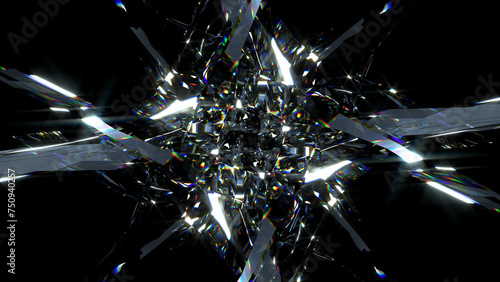 Fototapeta Naklejka Na Ścianę i Meble -  3d render of abstract art with transform rotating fractal diamond crystal alien star flower in curve lines forms in glass material with color dispersion effect on black background based on rectangles