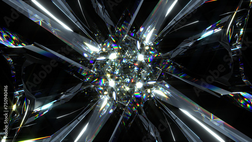 Fototapeta Naklejka Na Ścianę i Meble -  3d render of abstract art with transform rotating fractal diamond crystal alien star flower in curve lines forms in glass material with color dispersion effect on black background based on rectangles