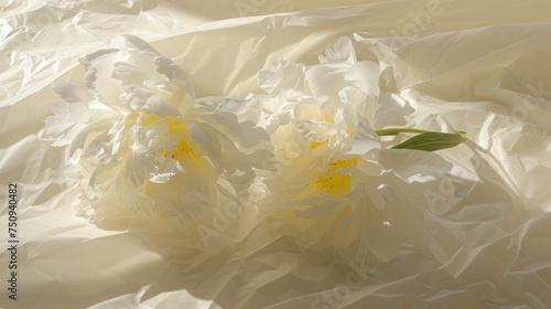 a couple of white flowers sitting on top of a white sheet of crumpled paper on top of a white sheet of paper. photo