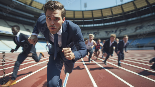 competitive young businessman in suit running and being the best