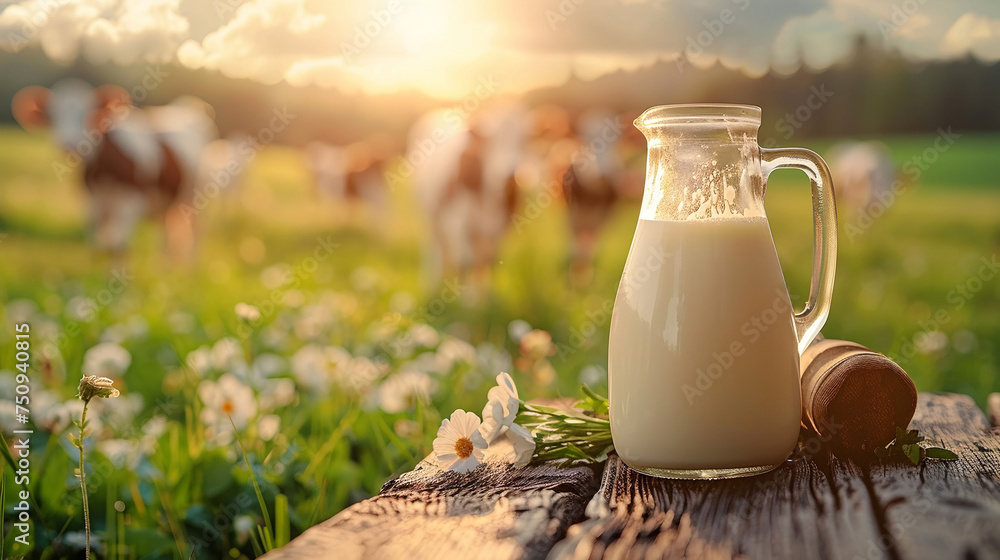 Fresh Organic Milk in Glass Jug on Rustic Wooden Table in Countryside at Sunset Fresh Organic Milk in Glass Jug on Rustic Wooden Table in Countryside at Sunset