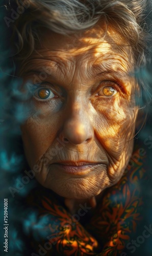 An old woman with a scarf and a blue background. Generative AI.