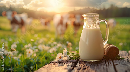 Fresh Organic Milk in Glass Jug on Rustic Wooden Table in Countryside at Sunset