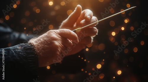 orchestra conductor's hands holding a baton and leading the orchestry photo