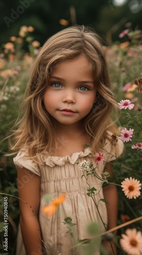 A little girl in a field of flowers. Generative AI.