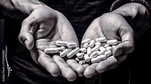 In the hands of a man, an assortment of various pills, symbolizing the concept of addiction and drug dependence, captured from an overhead perspective.