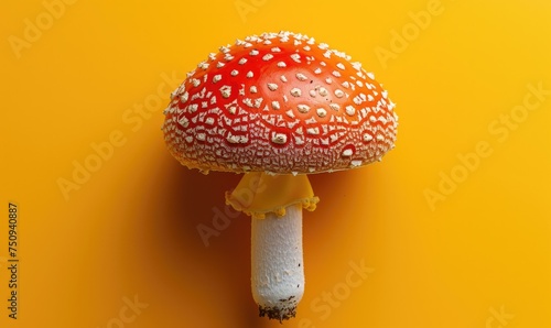 A red fly agaric mushroom on a yellow background. Generative AI.