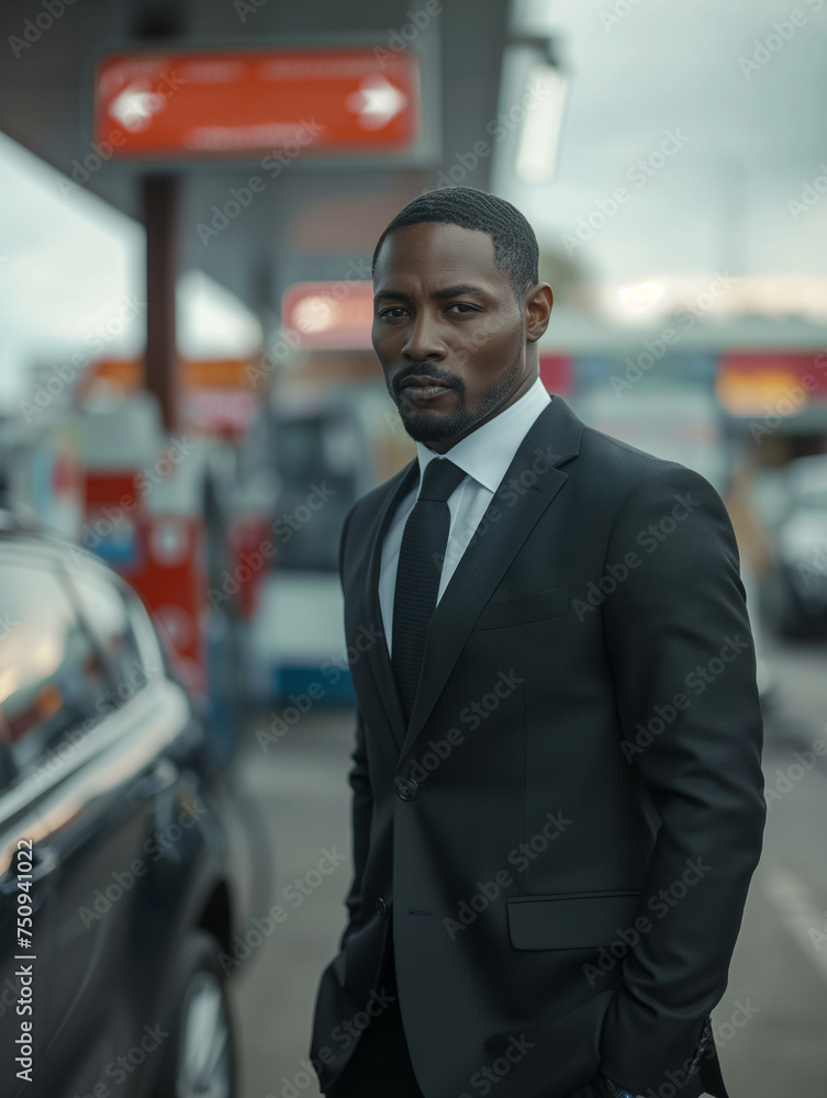 Gas station. Black man in suit with beard. Selective focus. Copy space. Day time. Vertical photo Gas station. Black man in suit with beard. Selective focus. Copy space. Day time. Vertical photo
