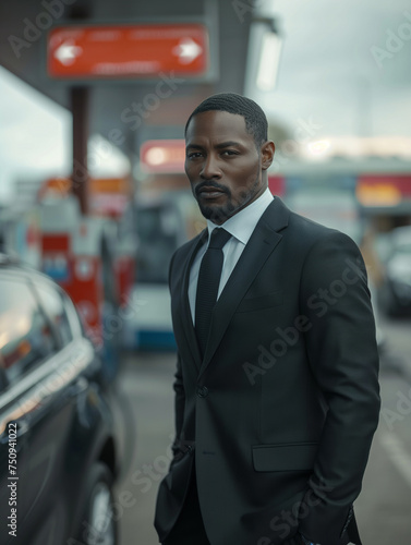 Gas station. Black man in suit with beard. Selective focus. Copy space. Day time. Vertical photo  © Inga Bulgakova