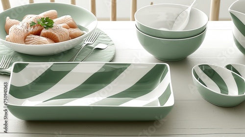 a table topped with dishes and a bowl filled with fish next to a plate with a knife and fork on top of it. photo