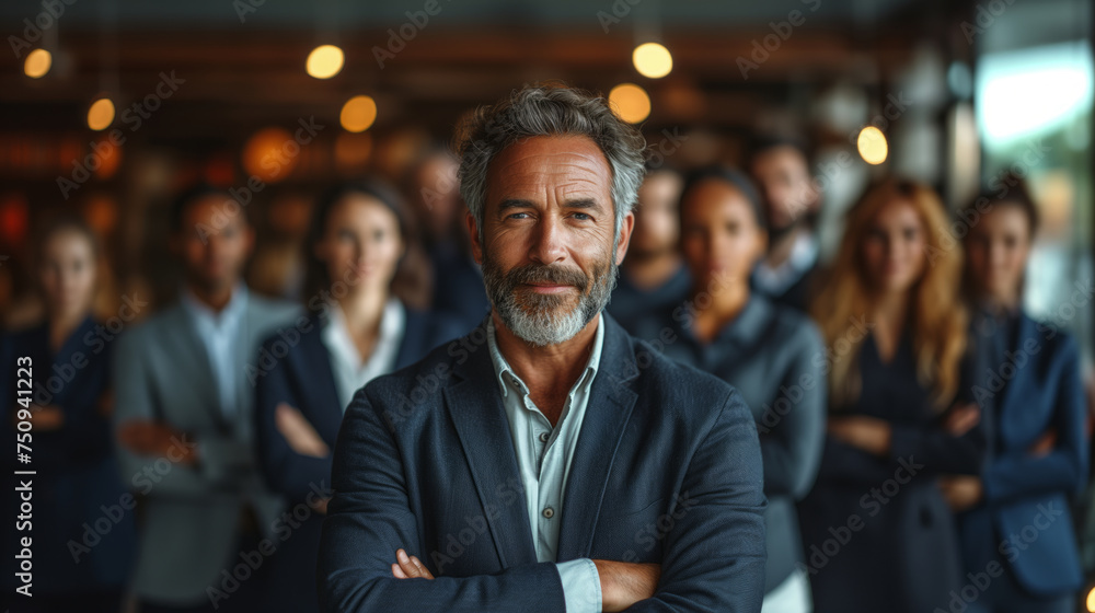 mature elegant businessman crossing arms and representing his team - obrazy, fototapety, plakaty 