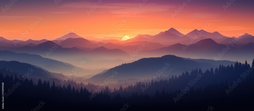 Mountains in the morning or evening with fog and forest. Sunrise and sunset