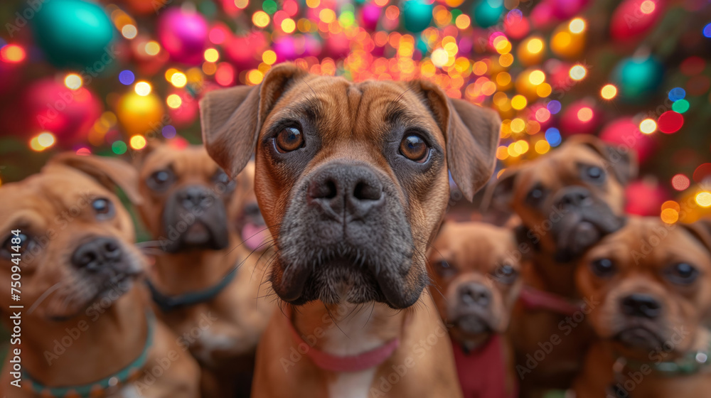 cute little shy boxer puppies with collar looking forward and sitting - obrazy, fototapety, plakaty 