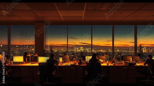 A gathering of individuals occupies office desks in a building during nighttime. The room features water fixtures, tables, and glass elements. AIG41 © Summit Art Creations