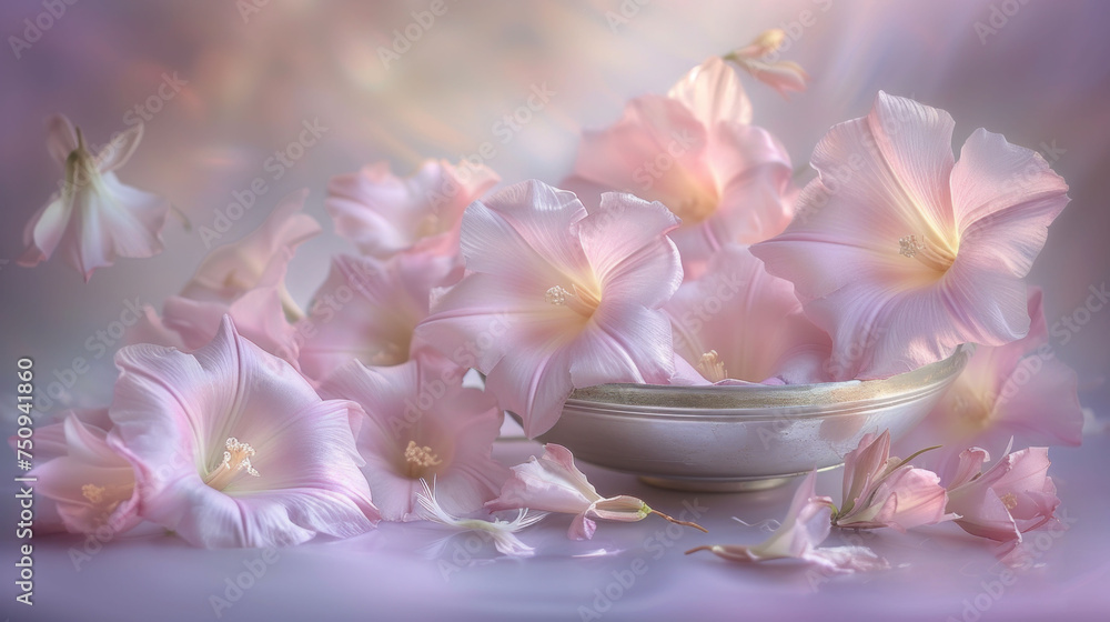 a white bowl filled with pink flowers on top of a purple table cloth with a butterfly flying over the bowl.
