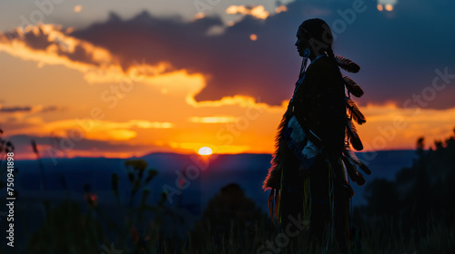  Silhouette of a Native American Indian in traditional attire, standing against the backdrop of a sunset over a mountain range, with feathers and beads adding to cultural richness. Pow wow