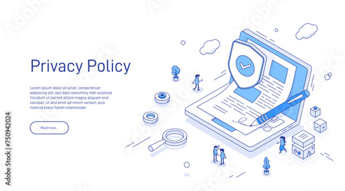 Privacy policy landing page template. Personal data security. Online file server protection. Can be used for web banners, infographics. Isometric modern vector illustration.