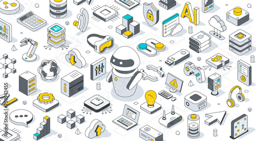 Technology isometric 3d background. AI robot surrounded by technology icons. Server equipment, laptop and virtual reality, Cloud technology, Big data, artificial intelligence, blockchain, game icons.