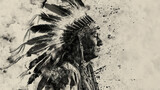 A black and white watercolor portrait of an American Indian chief with a headdress.  old paper texture background 