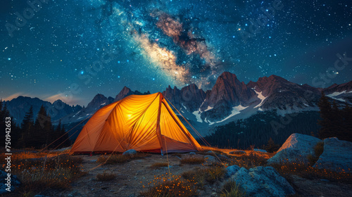 Camping in the mountains under the stars. A tent pitched up and glowing under the milky way. © Matthew