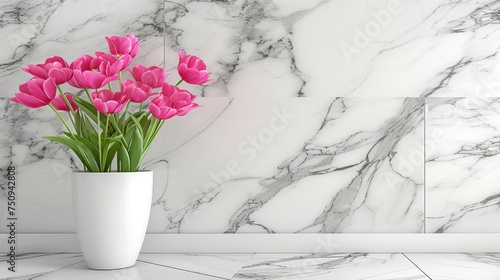 a vase filled with pink tulips on top of a white counter top next to a marble tiled wall. photo