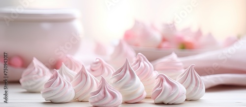 This close-up shot showcases a variety of small desserts, including meringue kisses, arranged neatly on a table. The desserts are colorful and look delicious, creating an inviting display.