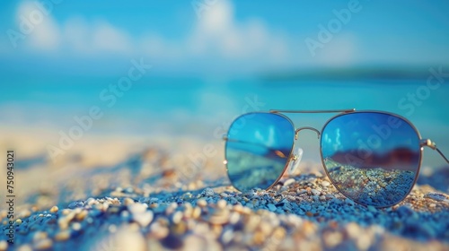 Wallpaper Mural Sunglasses resting on a pebbled beach, with the azure ocean and blue sky reflecting in the lenses, evoking the essence of summer. Torontodigital.ca