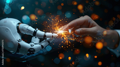 Technology meets humanity background, Human fingers and robot fingers touching, Science and innovation, Artificial intelligence technology concept.