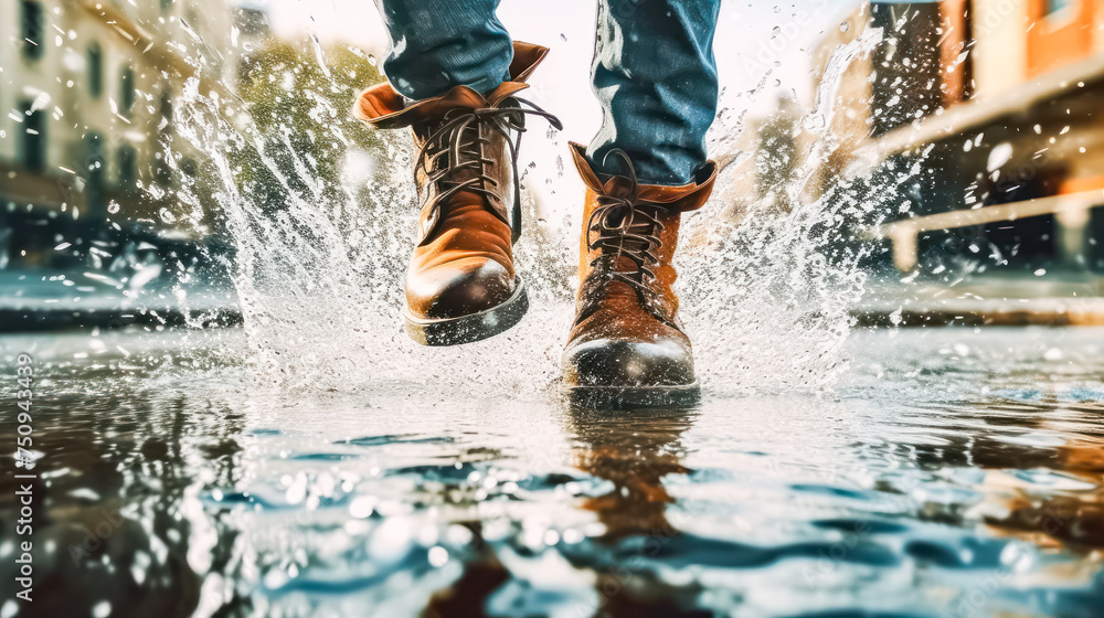 A man walks cautiously through a puddle, a sign of caution, illustrating the Slippery When Wet warning. Illustrates potential hazards of wet surfaces. A man walks cautiously through a puddle, a sign of caution, illustrating the Slippery When Wet warning. Illustrates potential hazards of wet surfaces.
