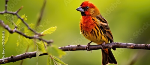 A bird with colorful feathers is sitting on a branch in a tree. The bird appears to be looking around attentively, perhaps searching for food or potential threats. © pngking