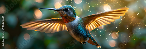 Hummingbird in Flight Flying Hummingbird, Energetic Hummingbird Vibrant Colors Bright Flashes Copyspace 