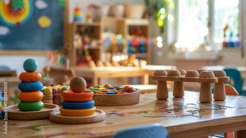 Wooden colored educational toys standing on a table and the cabinet shelves of preschool classroom 