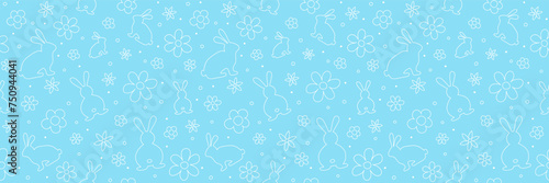 Seamless background with hand drawn rabbits and flowers. Layout for a wrapping paper, poster and card. Banner. Vector illustration