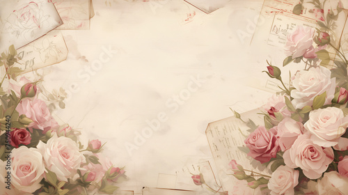 Muted light pink white vintage retro scrapbooking paper background with retro roses bouquets photo