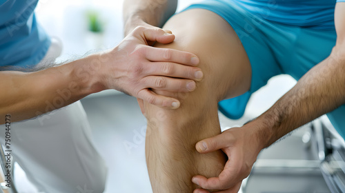 Male physical therapist doing healing treatment on mans knee in rehabilitation clinic. Professional physiotherapist or osteopath working in office. Physiotherapy and osteopathic medicine concept photo