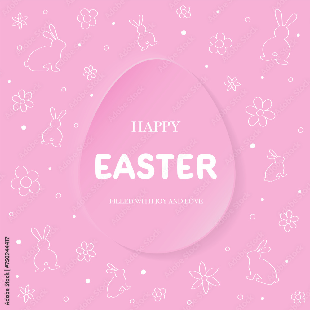 Easter card with egg, hand drawn bunnies and flowers. Abstract background in paper cut style. Vector illustration