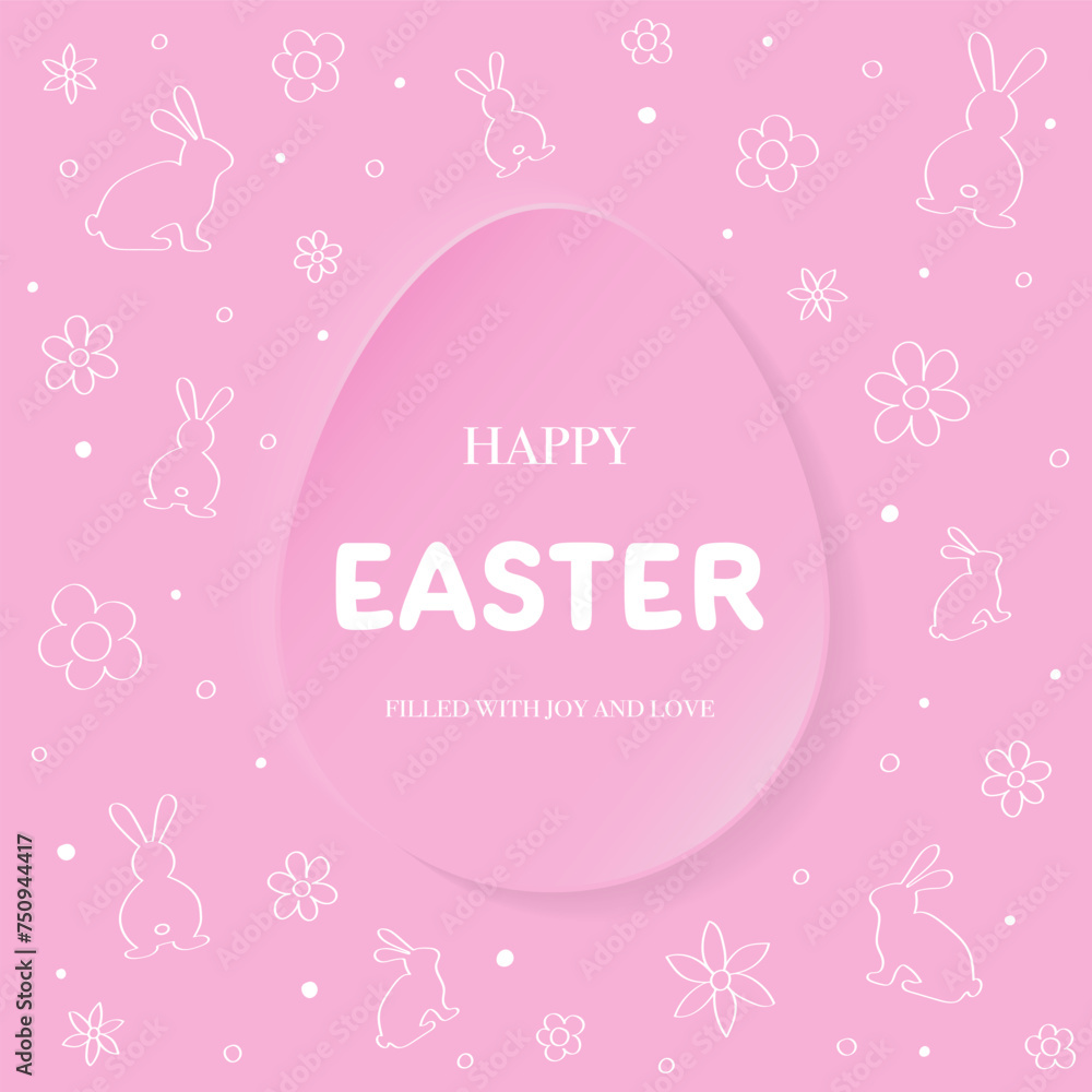 Easter card with egg, hand drawn bunnies and flowers. Abstract background in paper cut style. Vector illustration Easter card with egg, hand drawn bunnies and flowers. Abstract background in paper cut style. Vector illustration