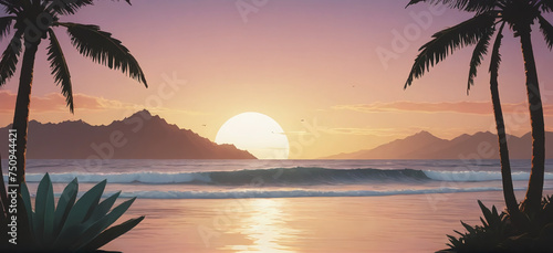 Flat-style illustration of a Maui sunset, Hawaii. 